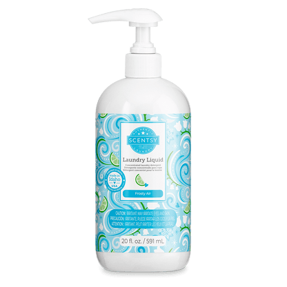 Scentsy laundry liquid bottle with pump on a black background