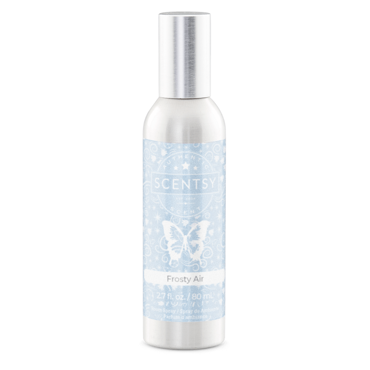 Scentsy Frosty Air spray bottle on a black background