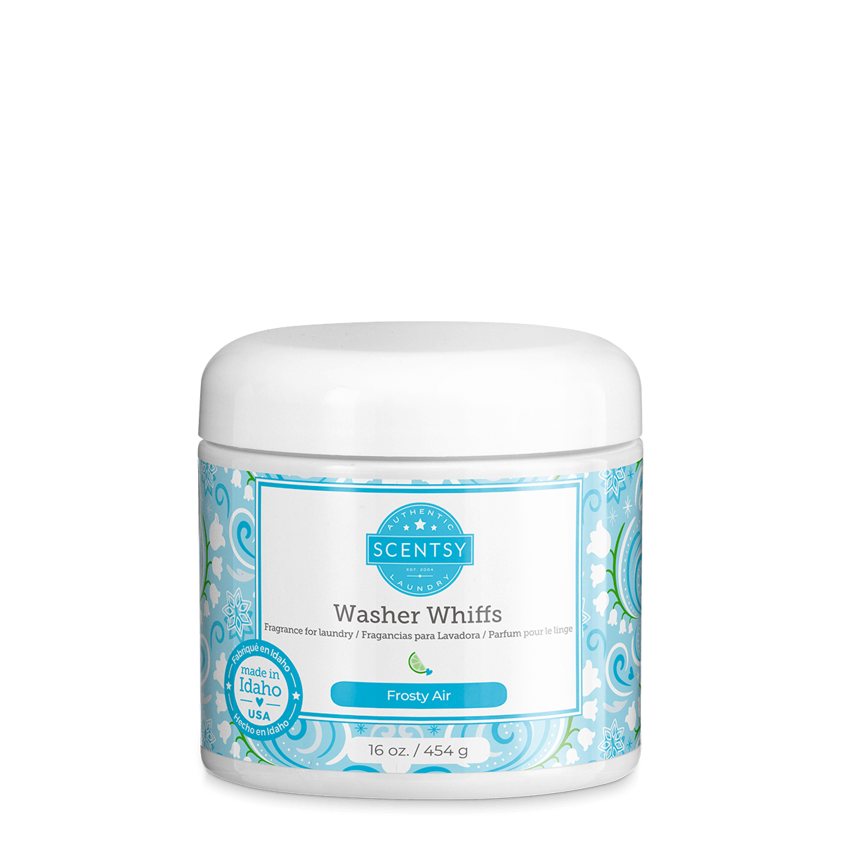 Scentsy Washer Whiffs container with label on a black background