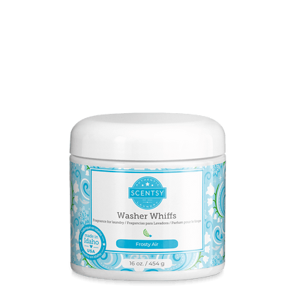 Scentsy Washer Whiffs container with label on a black background