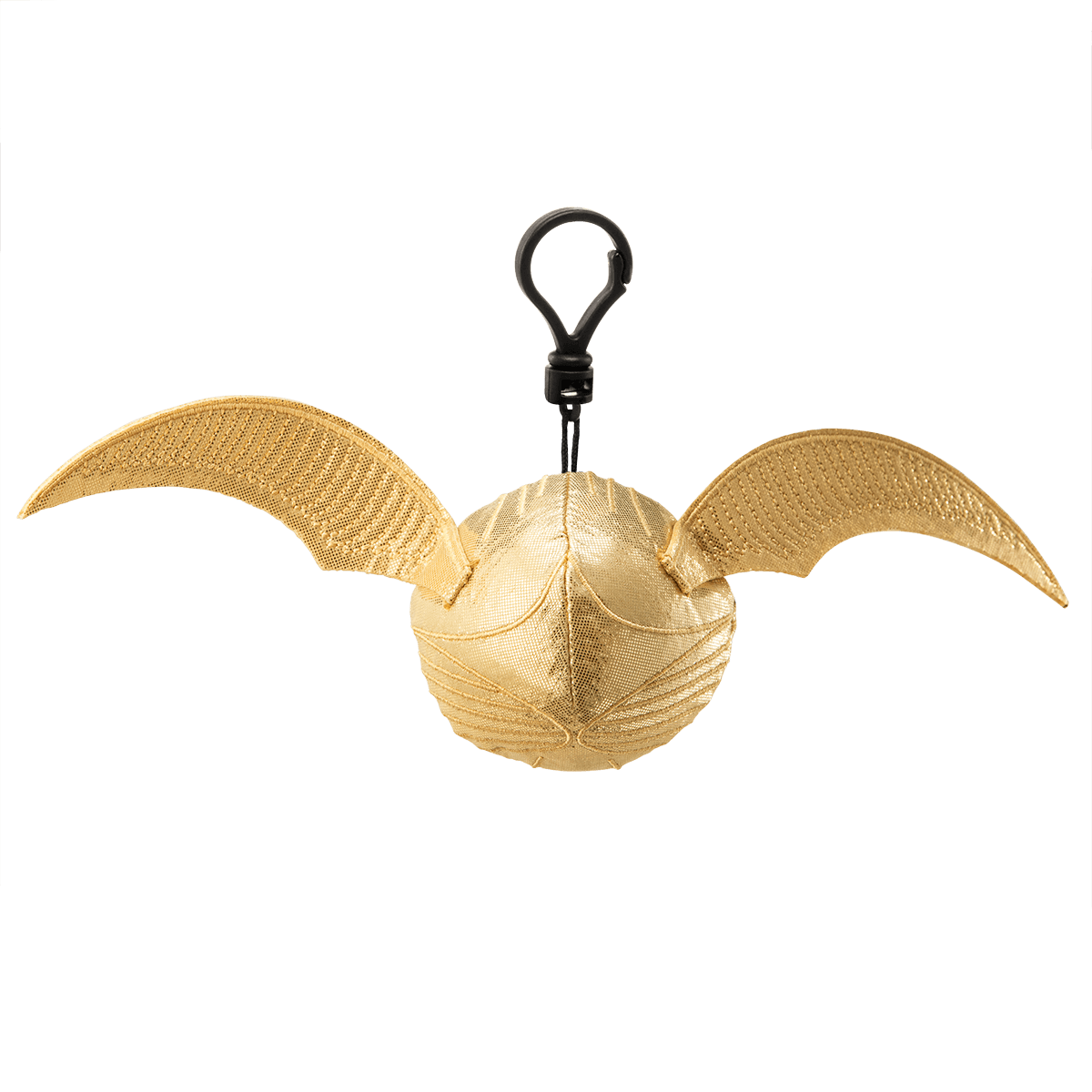 Gold Snitch keychain with wings on a black background
