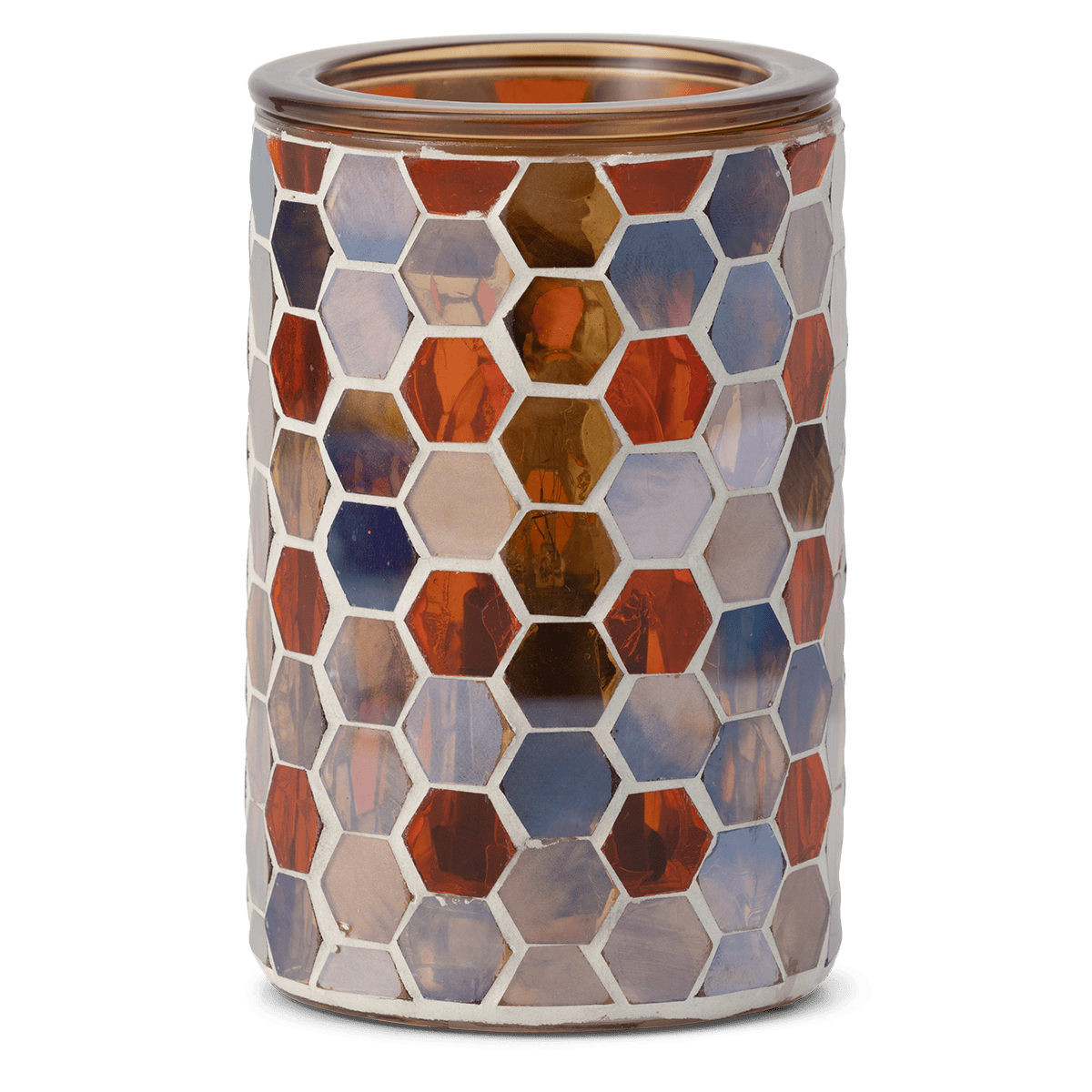 Cylindrical container with hexagonal mosaic pattern on a green background