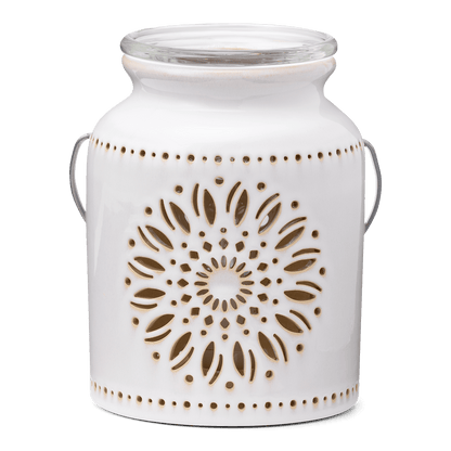 White lantern with decorative cut-out design on a transparent background