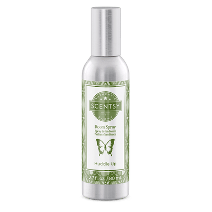Scentsy room spray bottle with green label on a white background
