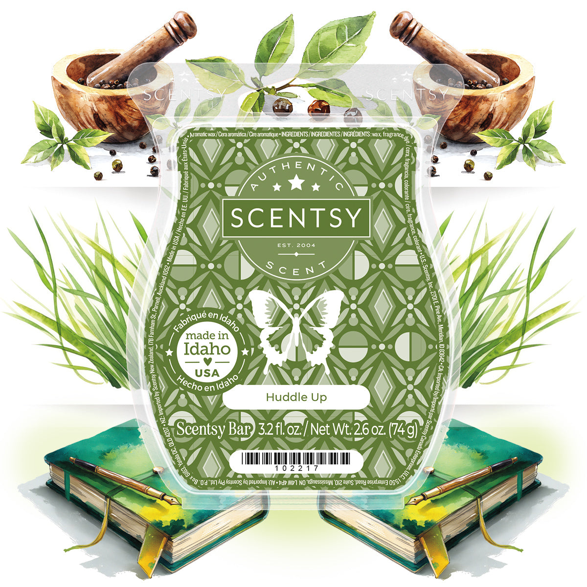 Scentsy bar packaging with green design and butterfly illustration, surrounded by books and leaves.