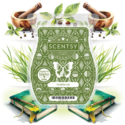 Scentsy bar packaging with green design and butterfly illustration, surrounded by books and leaves.