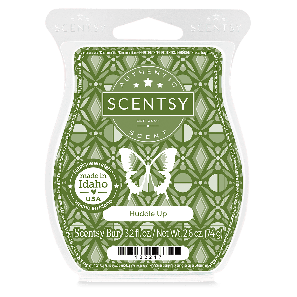 Scentsy bar packaging with green pattern and butterfly design on a white background