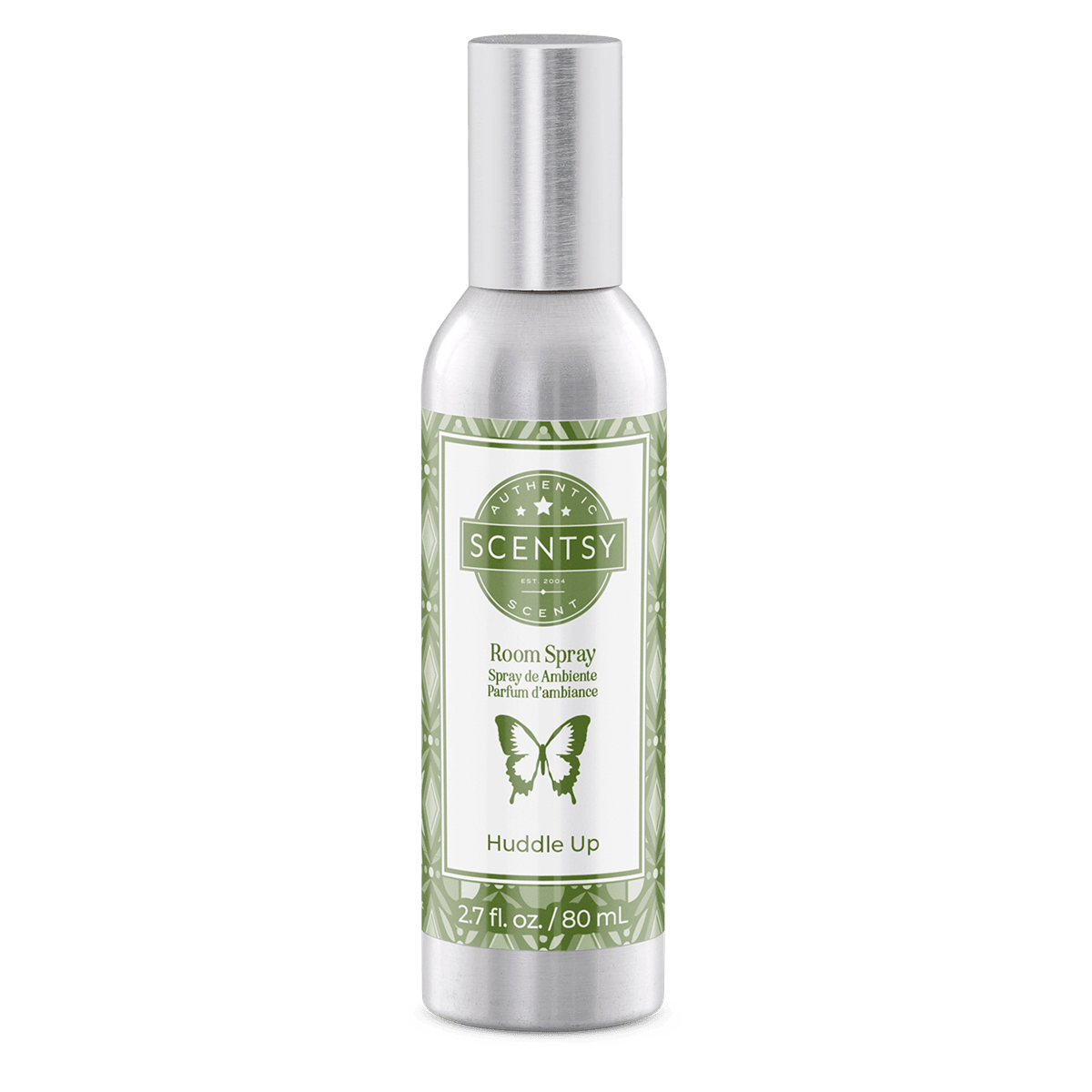 Scentsy room spray bottle with green label on a white background