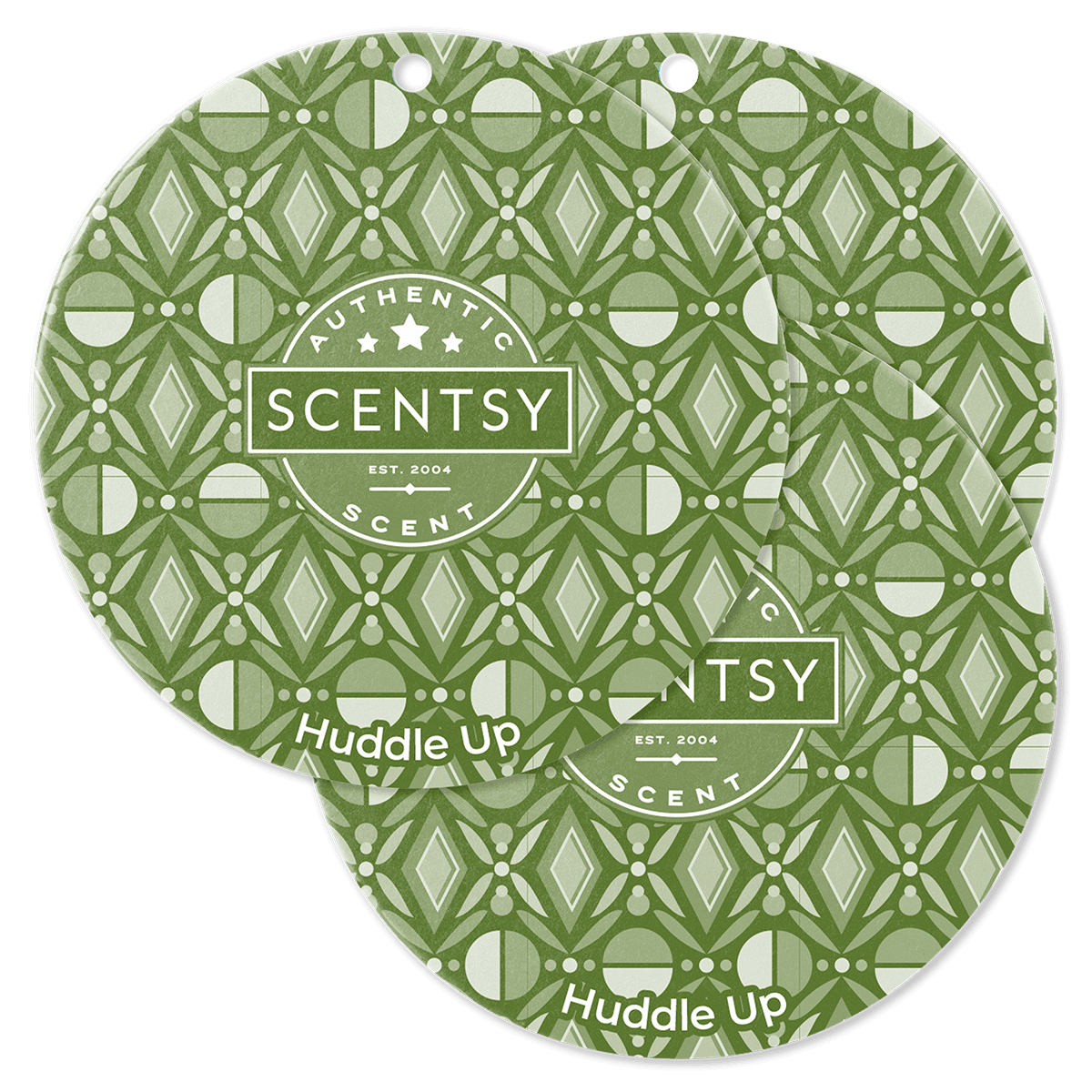 Two green Scentsy scent cards with a geometric pattern on a green background