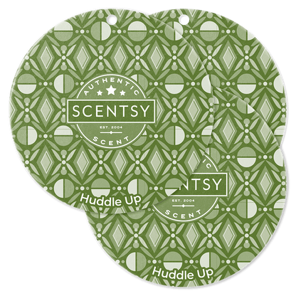 Two green Scentsy scent cards with a geometric pattern on a green background