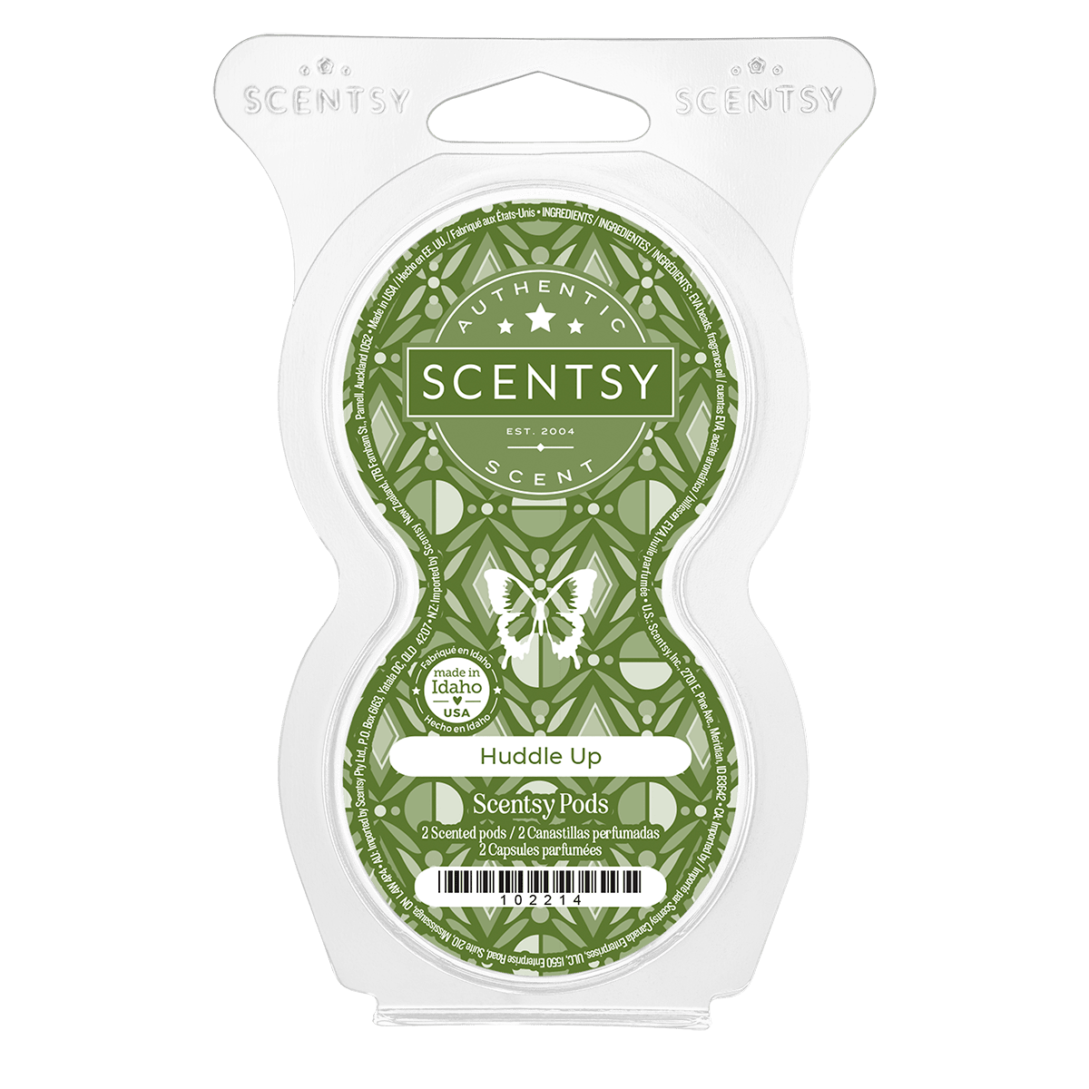Scentsy Huddle Up scented pod packaging on a green background