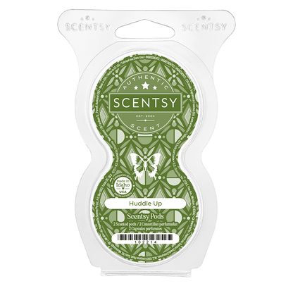 Scentsy Huddle Up scented pod packaging on a green background