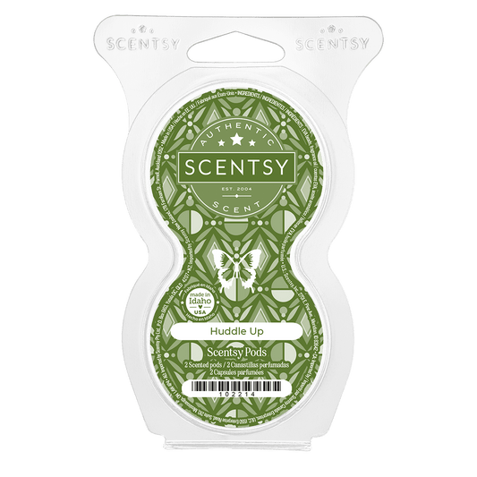 Scentsy Huddle Up scented pod packaging on a green background