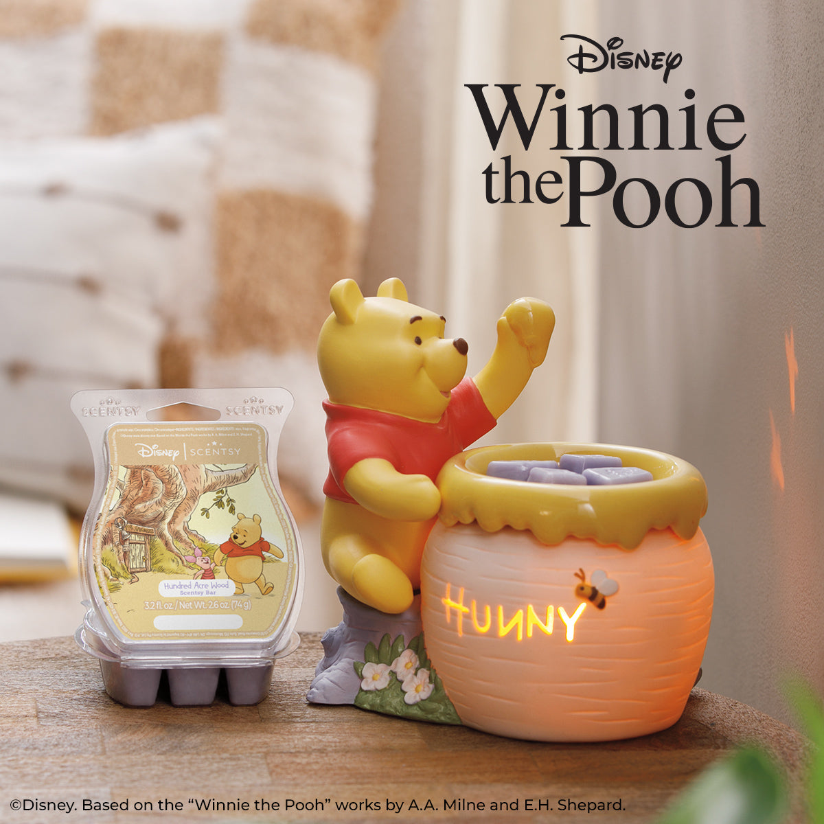 Winnie the Pooh-themed product set with a honey pot and wax melts on a wooden surface.