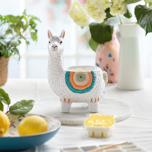 Decorative llama-shaped candle on a table with plants and a bowl in the background