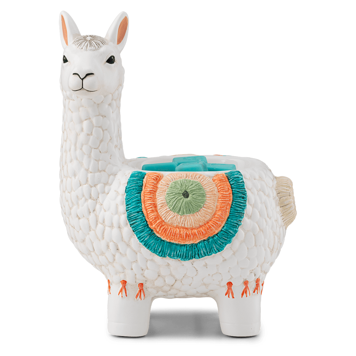 Decorative llama figurine with a colorful pattern on a transparent background