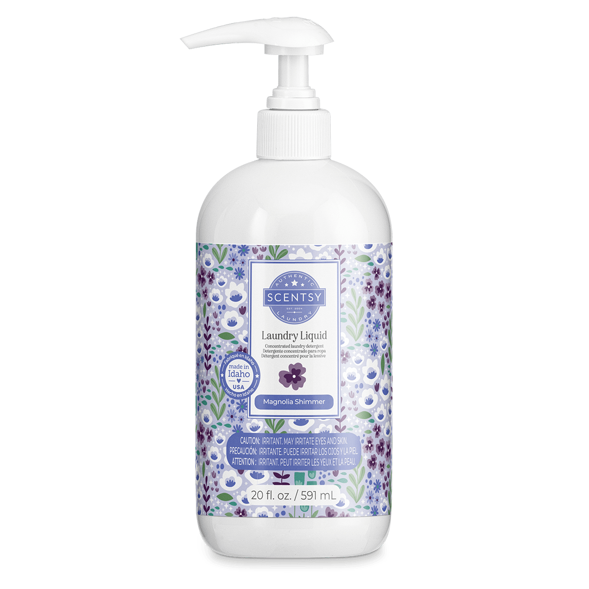 Scentsy laundry liquid bottle with floral label on a green background