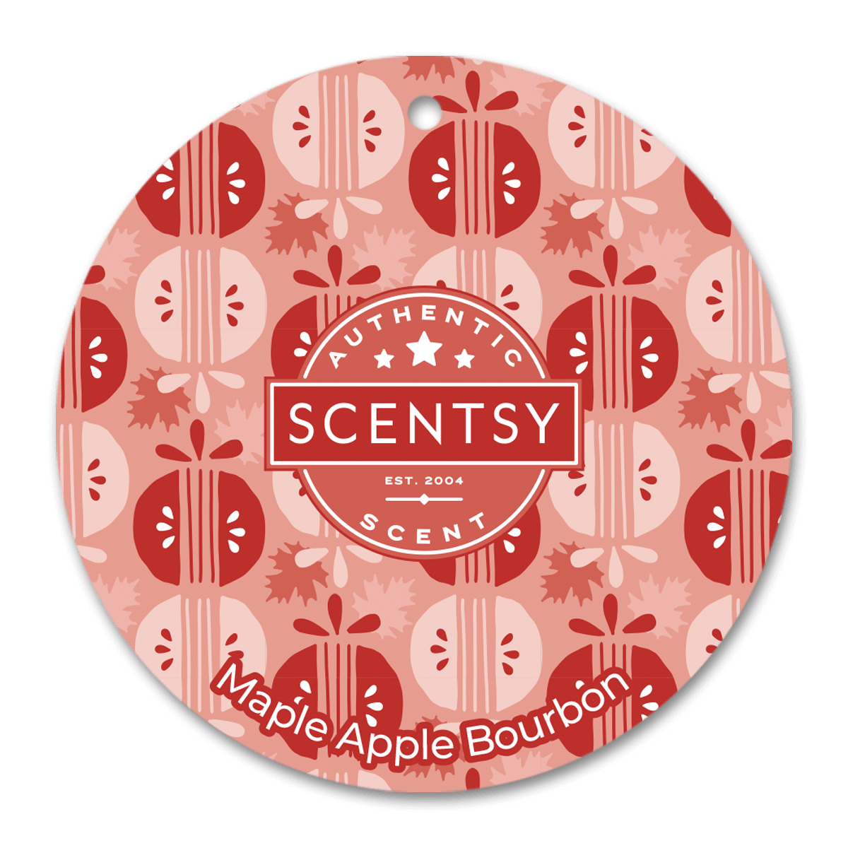 Scentsy Maple Apple Bourbon scent circle with red and white pattern on a black background