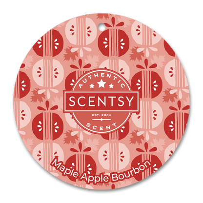 Scentsy Maple Apple Bourbon scent circle with red and white pattern on a black background