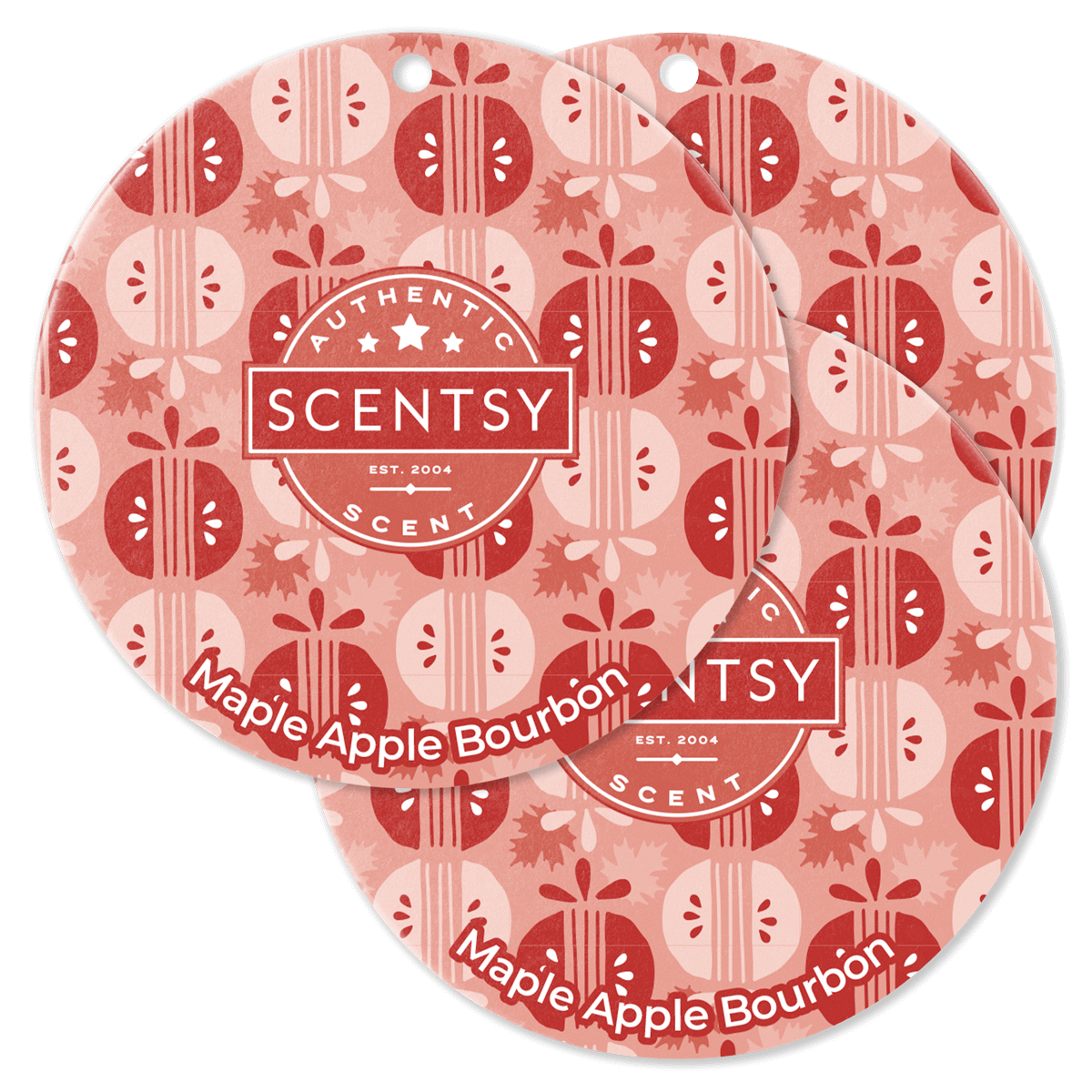 Two Scentsy Maple Apple Bourbon scented wax melts with a red and white pattern on a black background.
