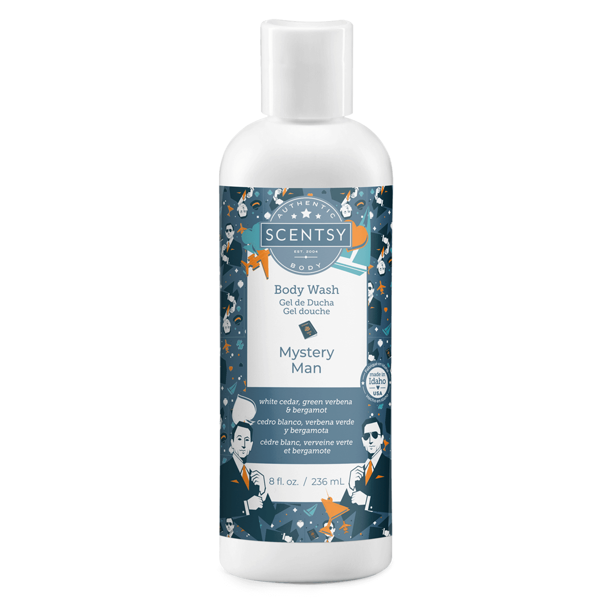 Scentsy body wash bottle labeled 'Mystery Man' on a white background
