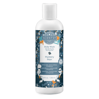 Scentsy body wash bottle labeled 'Mystery Man' on a white background