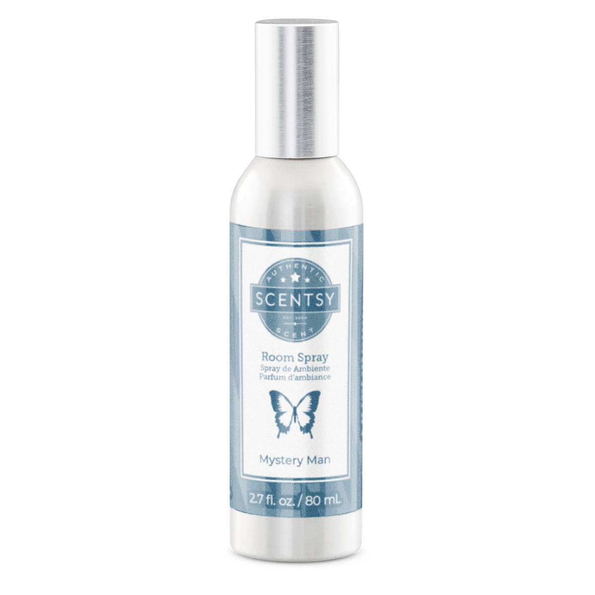 Scentsy room spray bottle with label on a white background