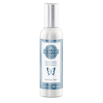 Scentsy room spray bottle with label on a white background
