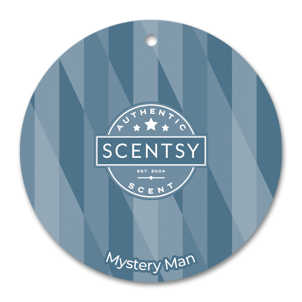 Scentsy product label with 'Mystery Man' on a blue striped background