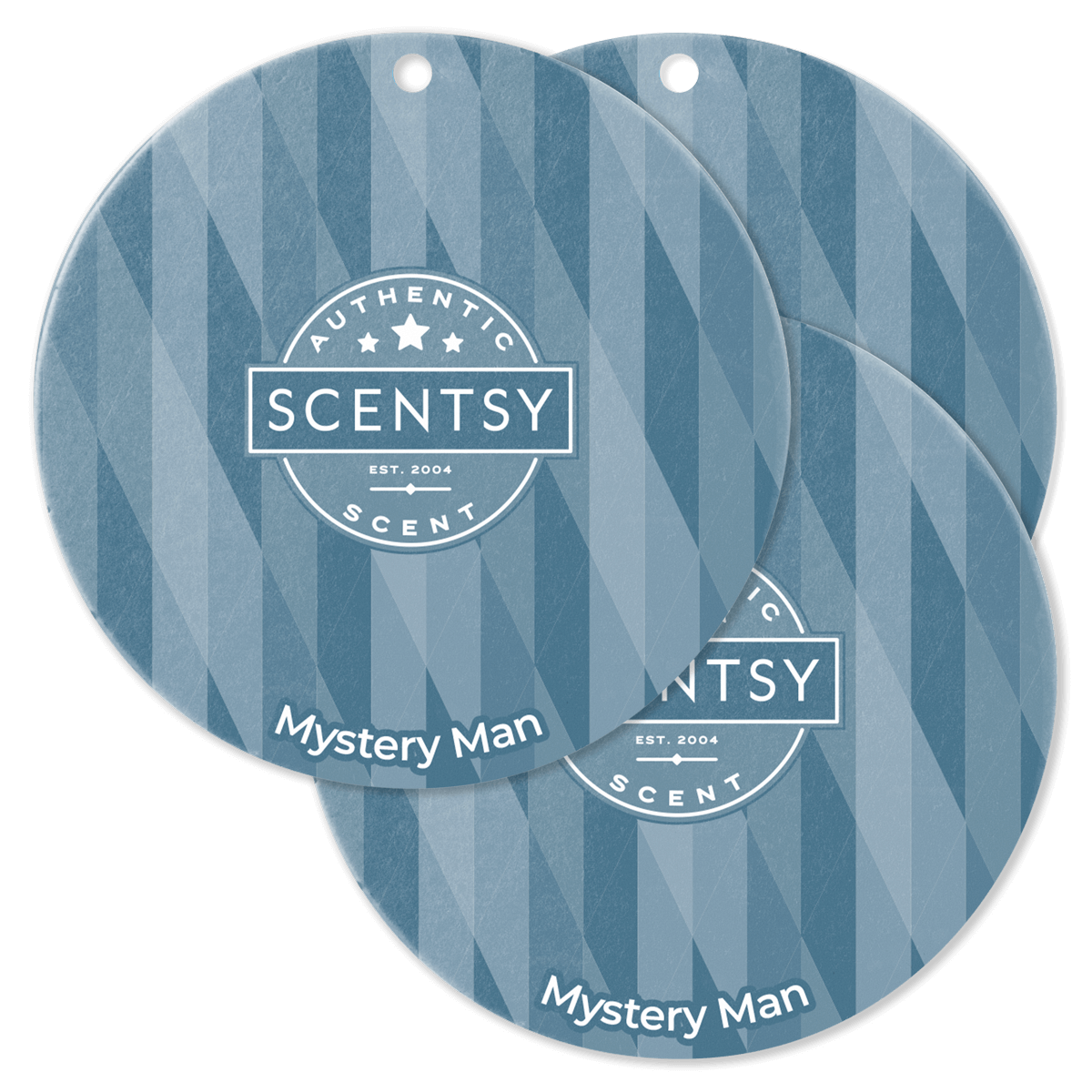 Two Scentsy Mystery Man scented product cards with blue striped design on a black background.