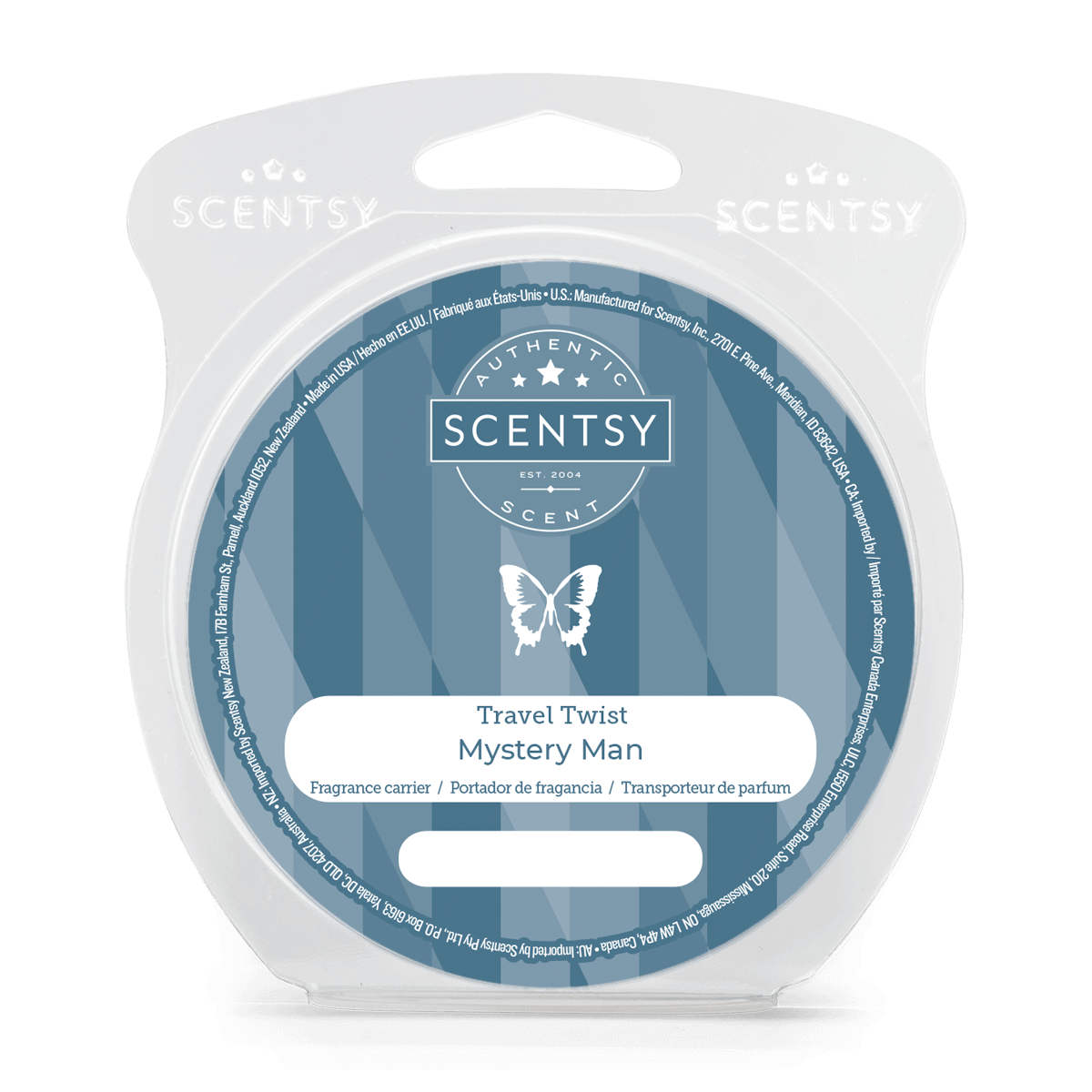 Scentsy wax melt packaging with 'Travel Twist Mystery Man' label on a white background