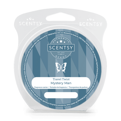 Scentsy wax melt packaging with 'Travel Twist Mystery Man' label on a white background