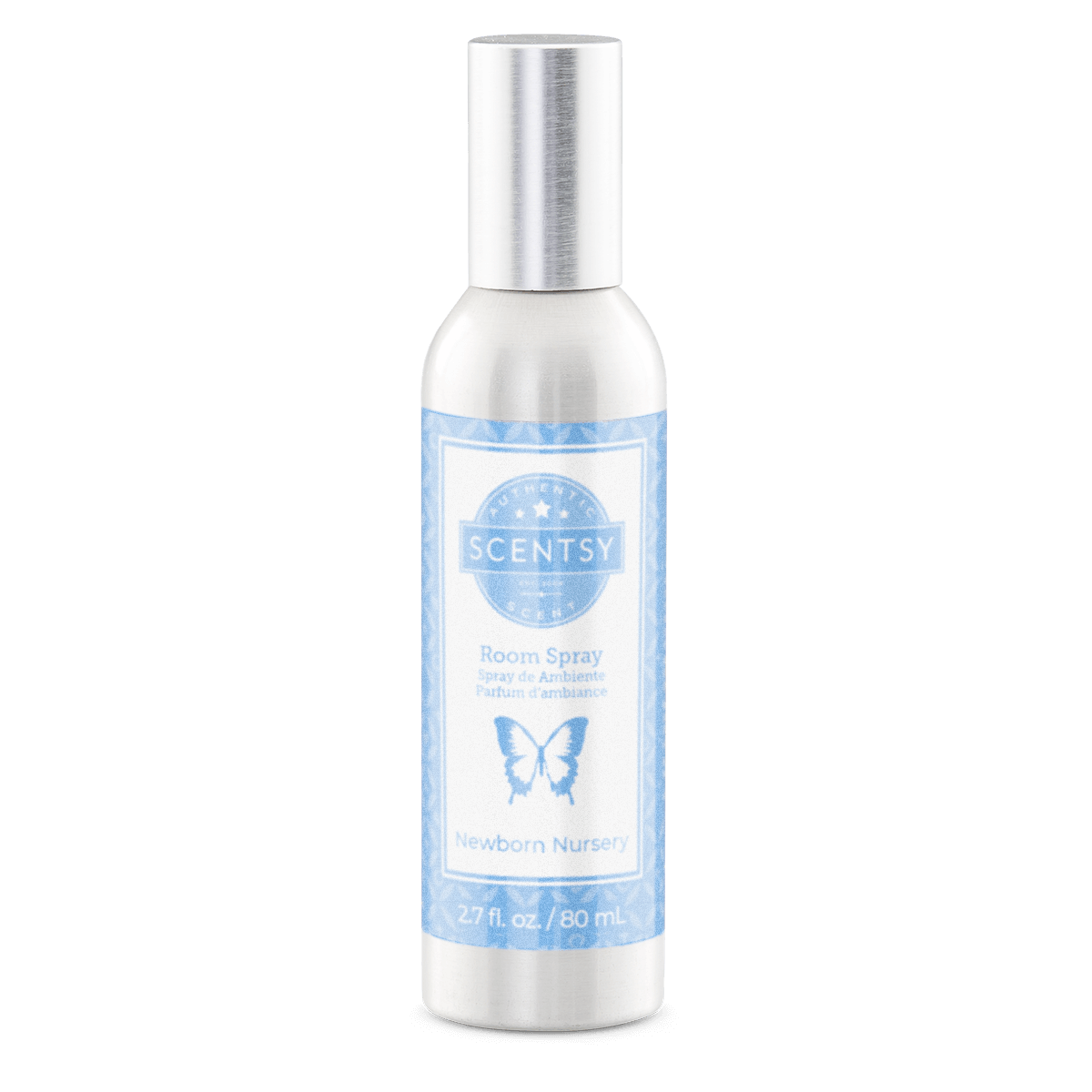 Scentsy room spray bottle with blue label on a white background