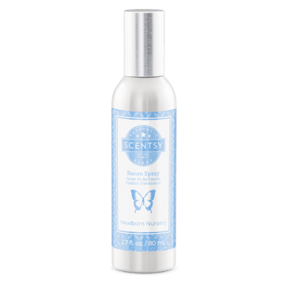 Scentsy room spray bottle with blue label on a white background