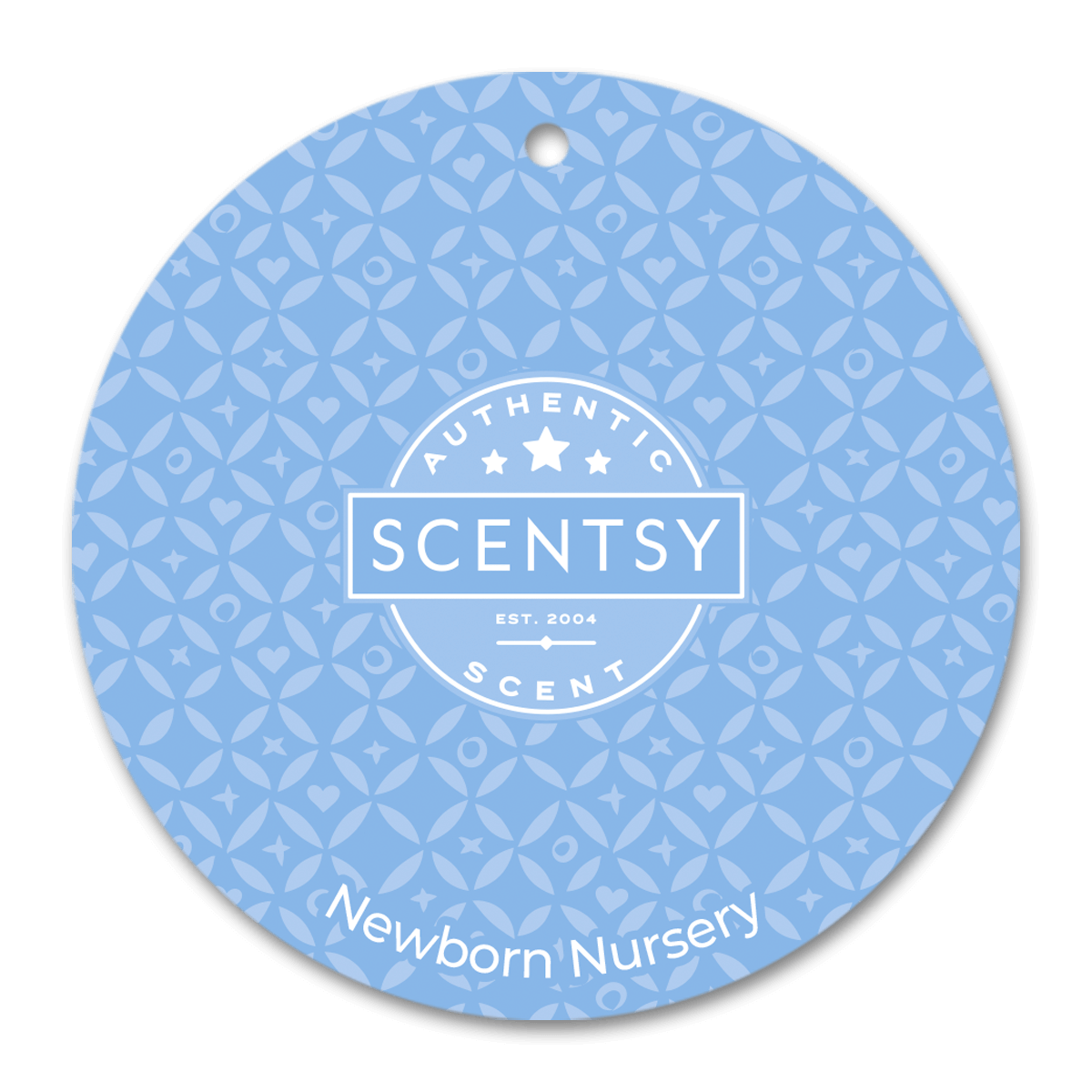 Scentsy Newborn Nursery scent card with blue pattern and white text on a black background