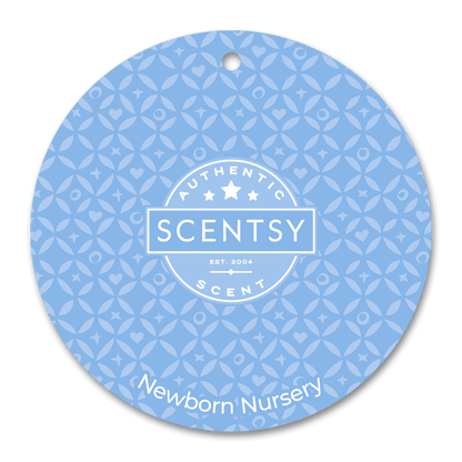 Scentsy Newborn Nursery scent card with blue pattern and white text on a black background