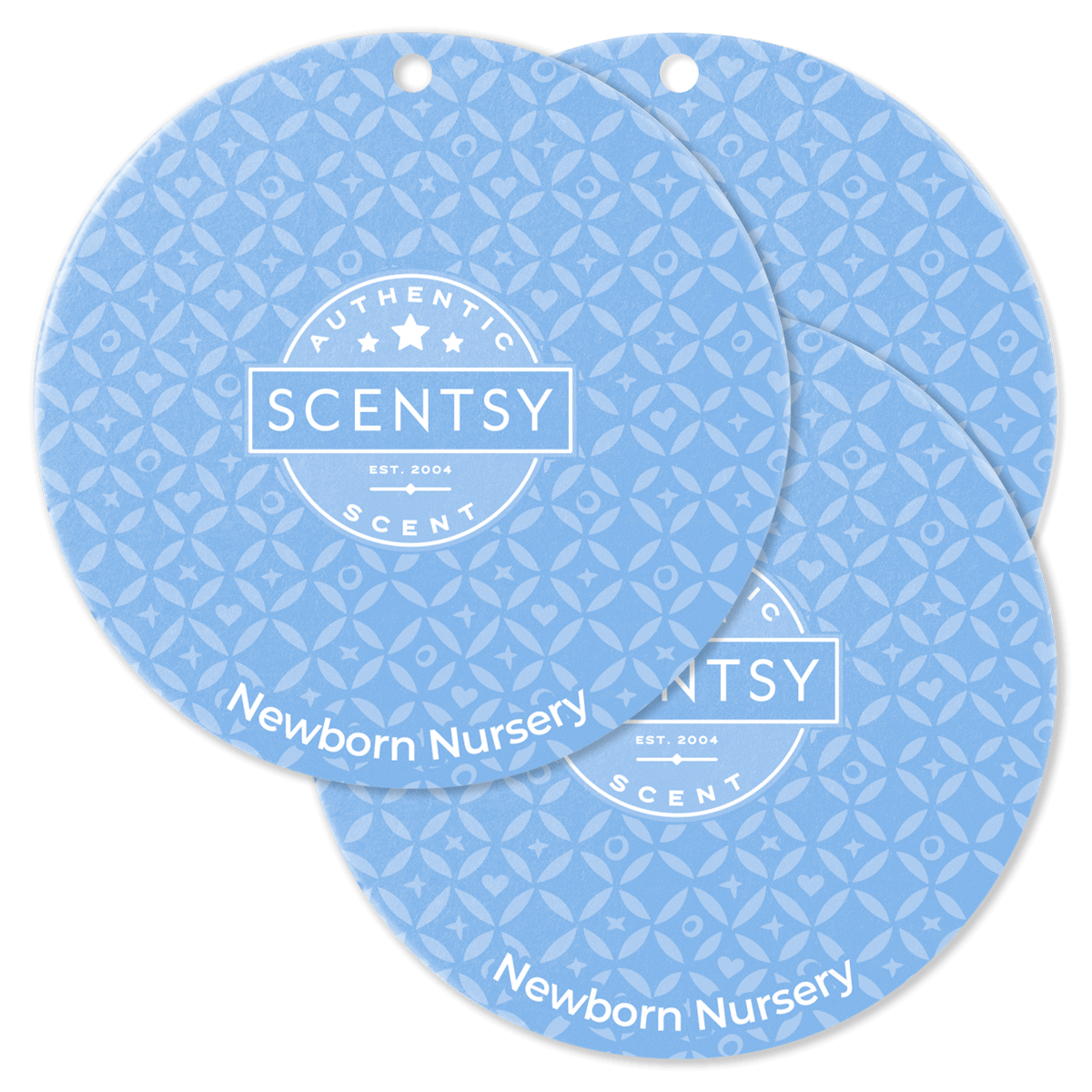 Two blue Scentsy Newborn Nursery scented product packaging on a black background