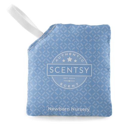 Scentsy Newborn Nursery scent packet with a white handle on a black background