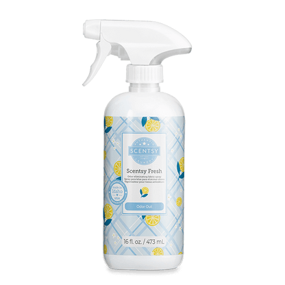 Scentsy Fresh spray bottle with a blue and white label on a black background