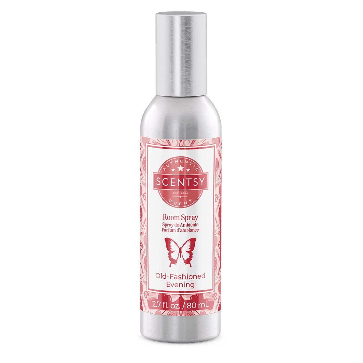 Scentsy room spray bottle with pink label on a green background