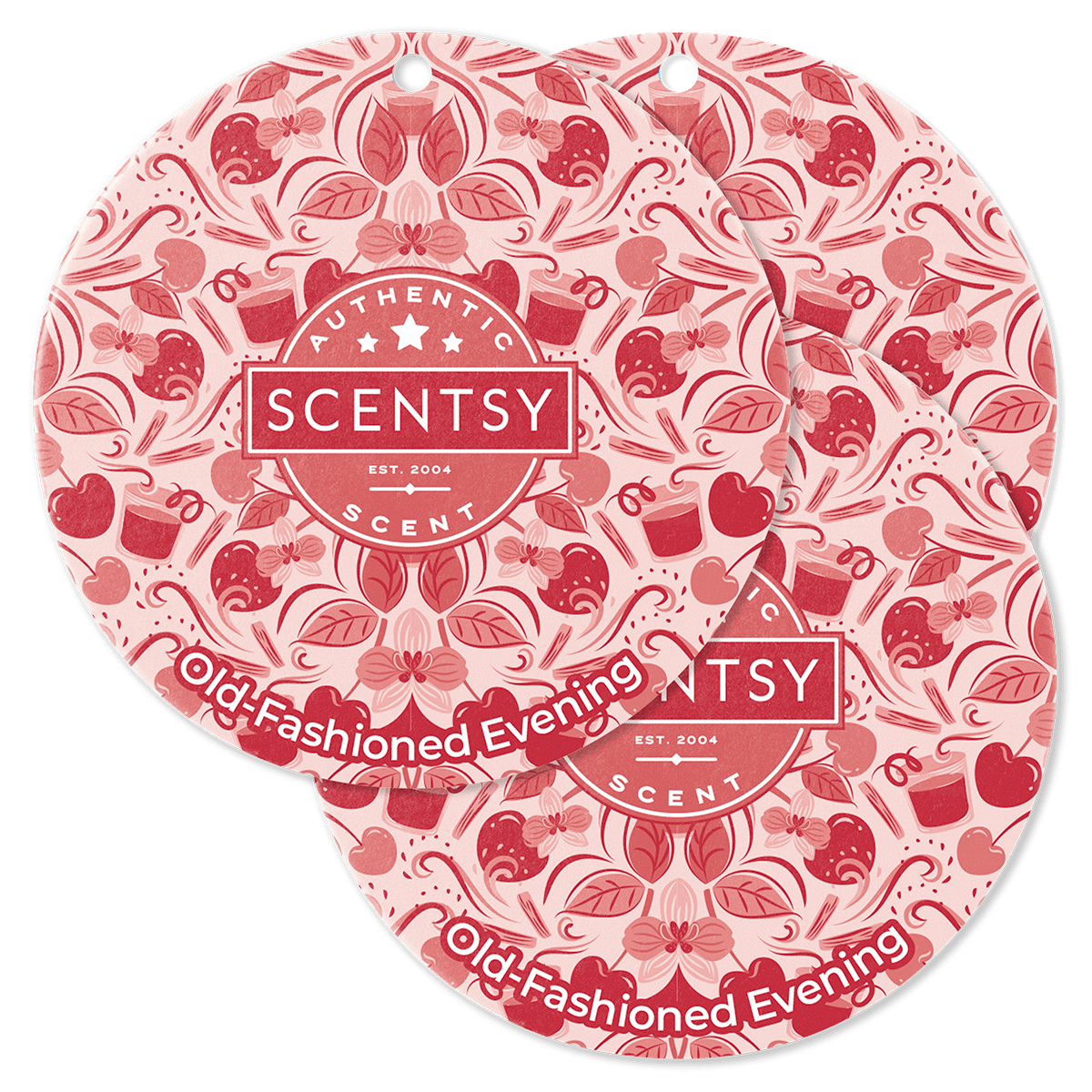 Two Scentsy Old Fashioned Evening scent pouches with a pink and red pattern on a green background.