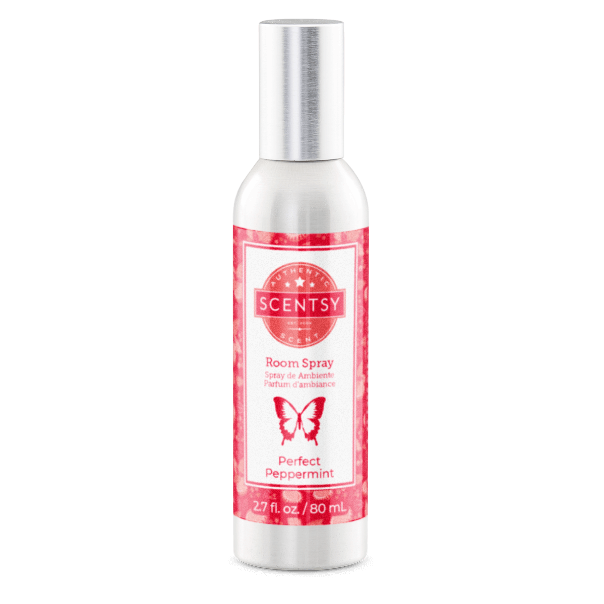 Scentsy room spray bottle with red label on a white background