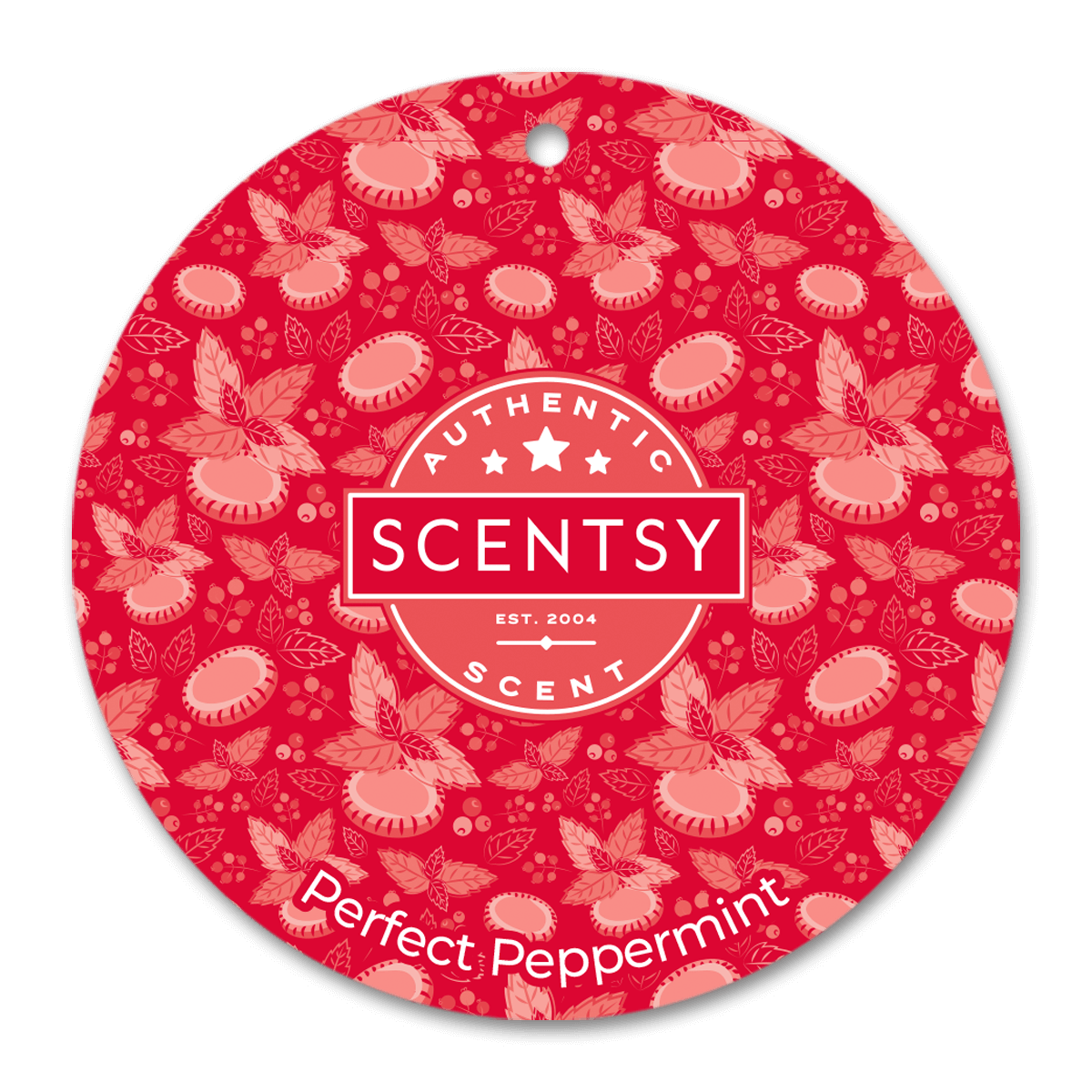 Scentsy Perfect Peppermint scent disc with red floral pattern on a black background