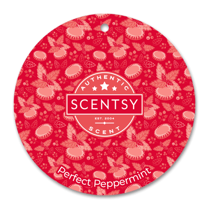 Scentsy Perfect Peppermint scent disc with red floral pattern on a black background