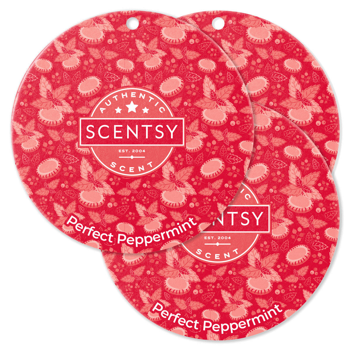 Two Scentsy Perfect Peppermint scented wax discs on a red background with floral pattern.