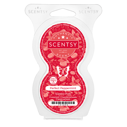 Scentsy Perfect Peppermint wax melt package on a green background