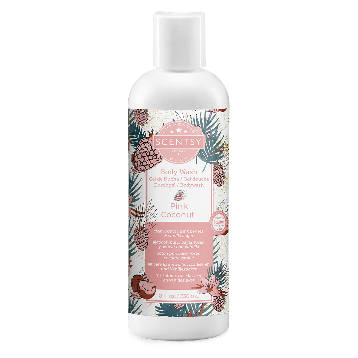 Body wash bottle with pink coconut design on a white background