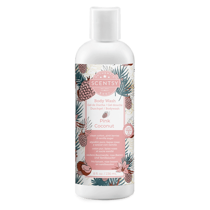 Body wash bottle with pink coconut design on a white background