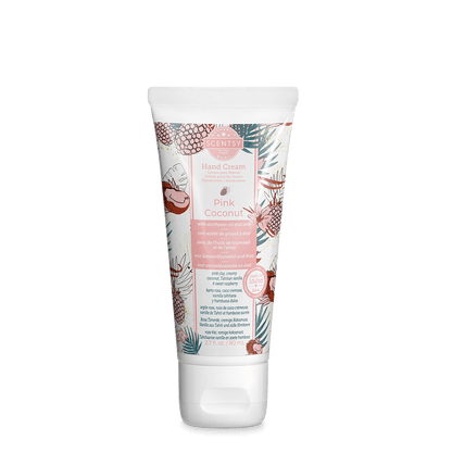 Hand cream tube with floral design and text on a white background
