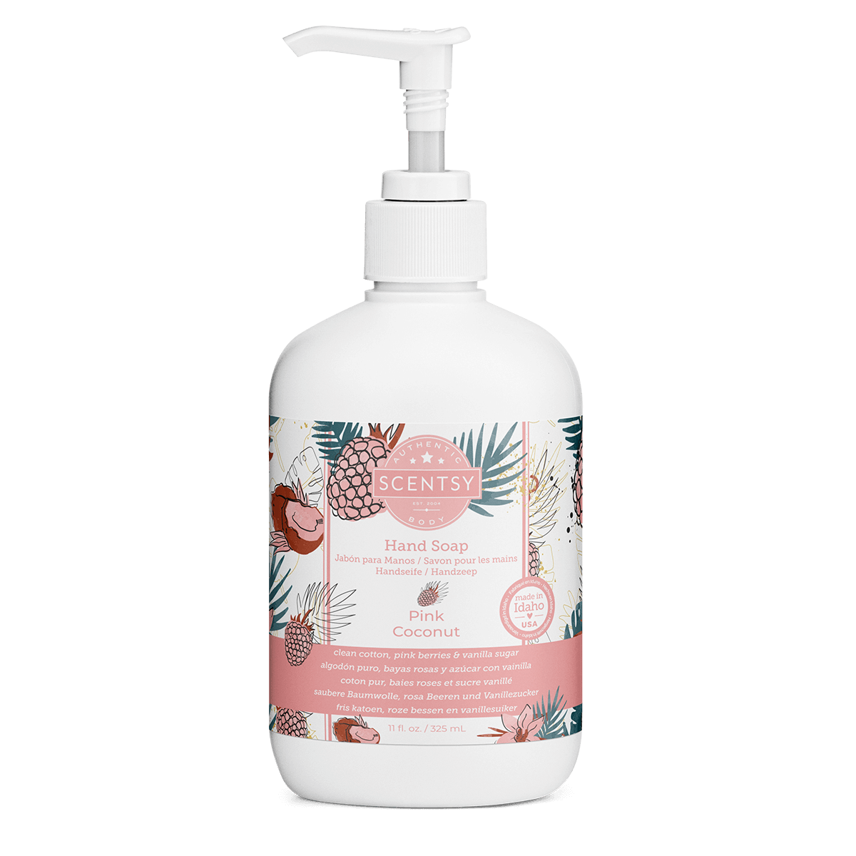 White hand soap bottle with pump and Scentsy label on a white background